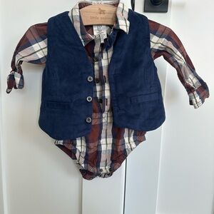 Max Studio Multicolor Plaid Shirt with Navy Vest